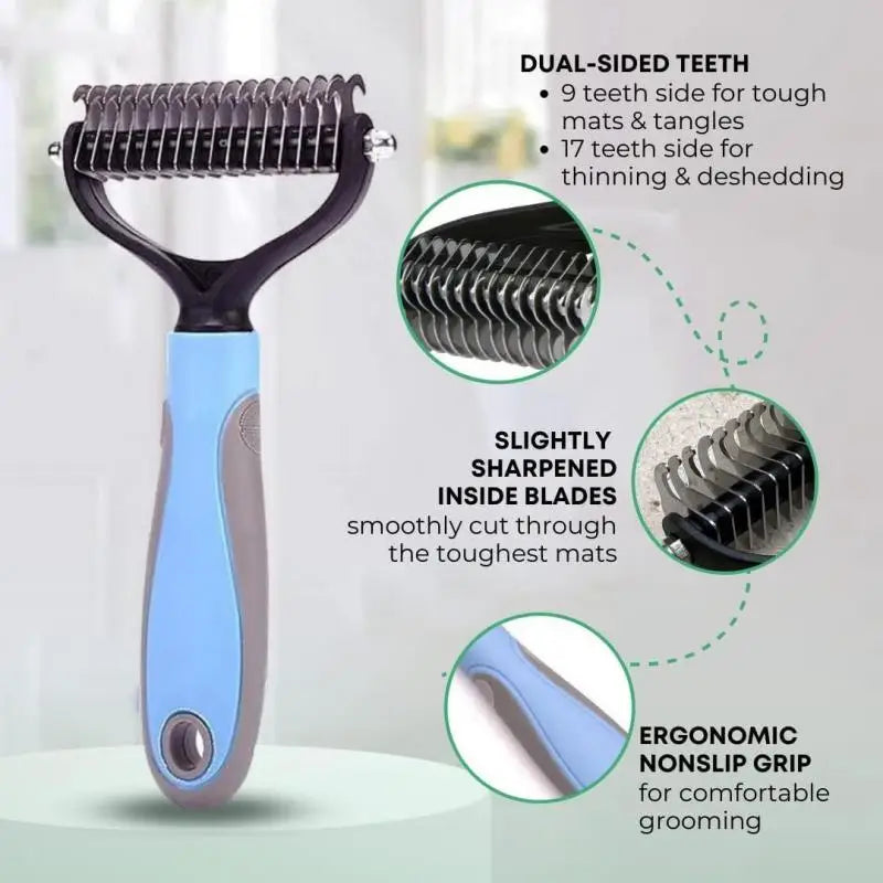 Dual-sided pet grooming rake with a blue and grey ergonomic handle, featuring metal teeth for de-matting and thinning.