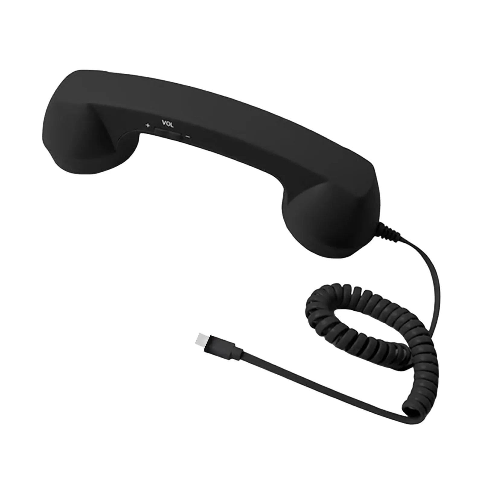 Matte black retro-style telephone handset with a coiled cord, USB connector, and integrated volume control buttons.