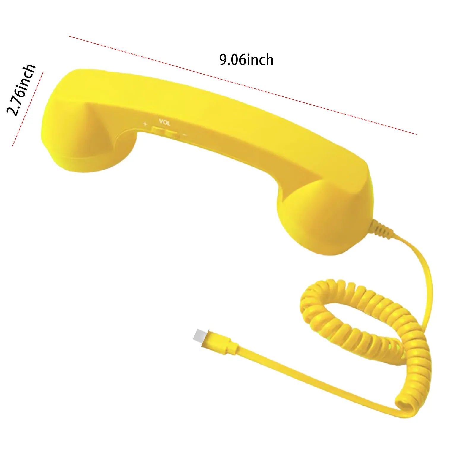 Bright yellow retro-style telephone handset with a curly cord and volume control, shown with measurement dimensions.