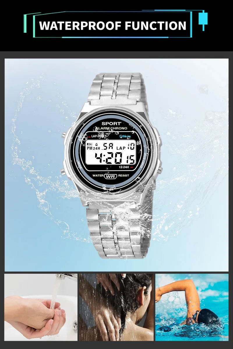 Silver retro-style digital watch with a metal link bracelet, waterproof design, and clear LED display.