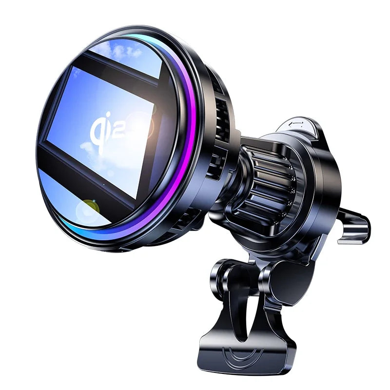 Black magnetic car phone mount with a round, sleek design, glowing LED ring, and an adjustable air vent clip.