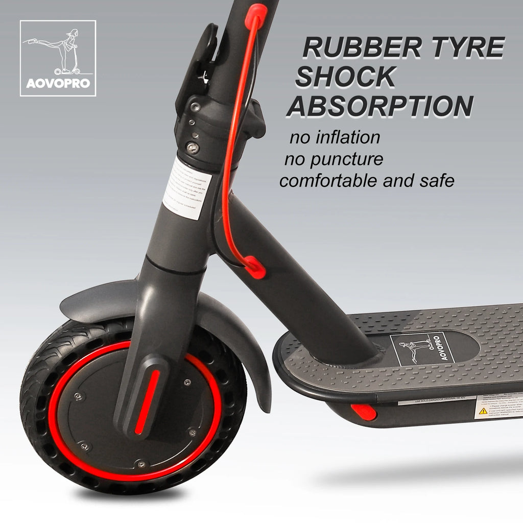 AOVOPRO black foldable electric scooter highlighting the front solid rubber tire with red rim accents and text.