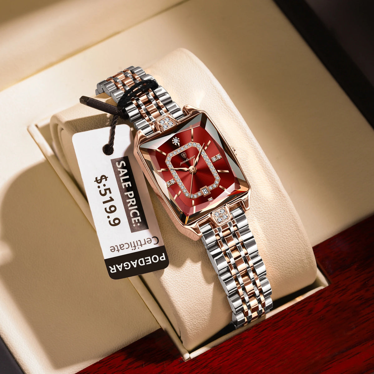 POEDAGAR rectangular quartz watch with red dial, crystal bezel, and two-tone silver and rose gold stainless steel strap.