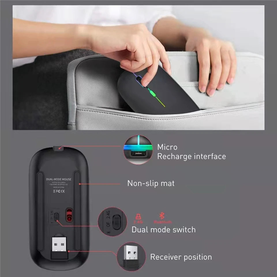 Slim, black wireless RGB mouse with a rechargeable port, dual-mode switch, non-slip base, and USB receiver storage.