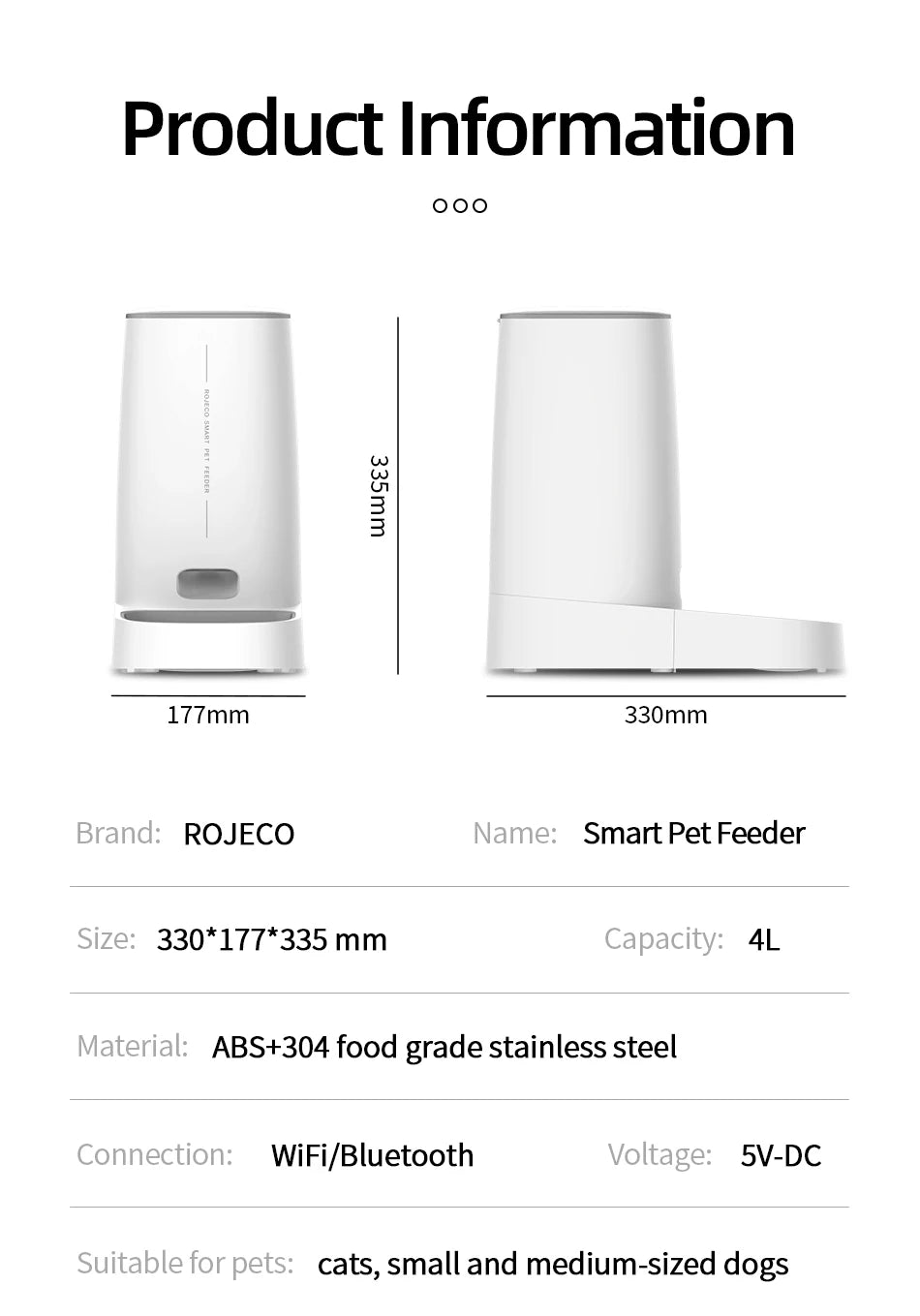 White, minimalist smart pet feeder with dimensions 330x177x335mm and 4L capacity. Side and front view.