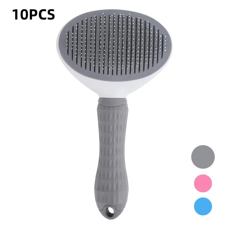 Grey and white pet grooming slicker brush with a textured handle and pin-bristle head. Available in three colours.