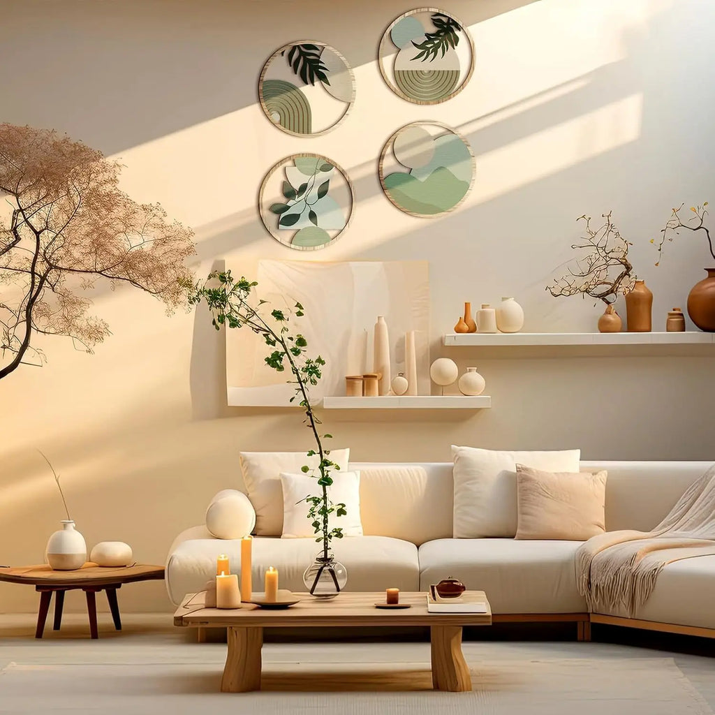 Set of four circular wooden wall art pieces with sage green, beige and black abstract botanical and geometric designs.