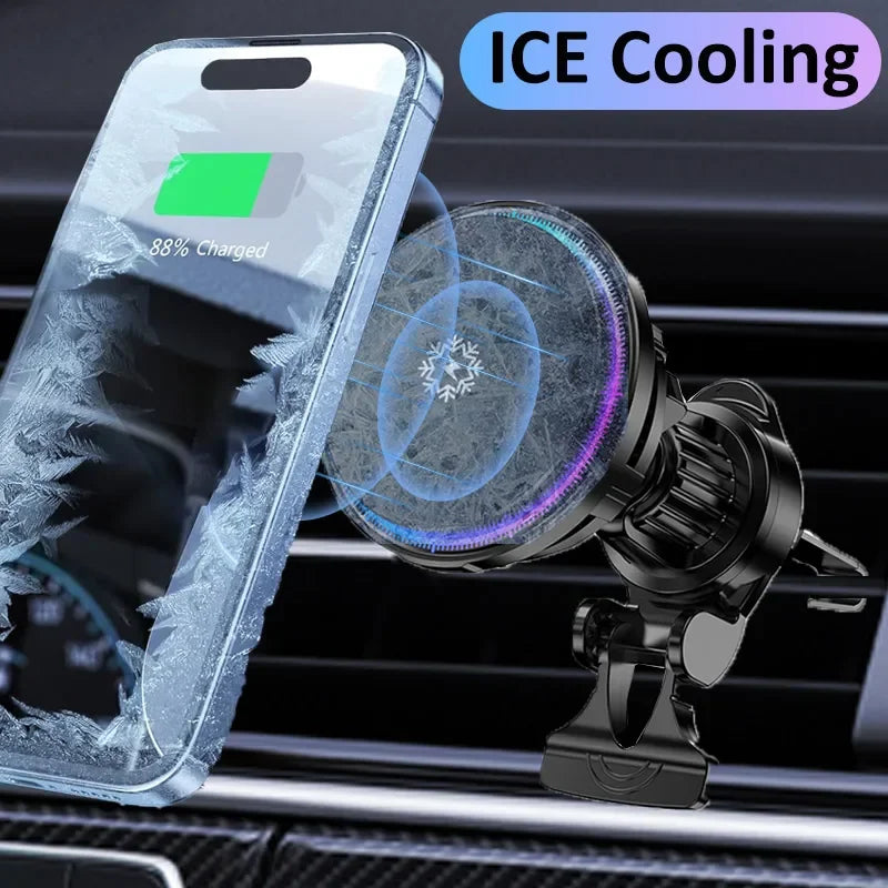 Black magnetic car phone mount with integrated ice cooling technology, mounted on a car air vent.
