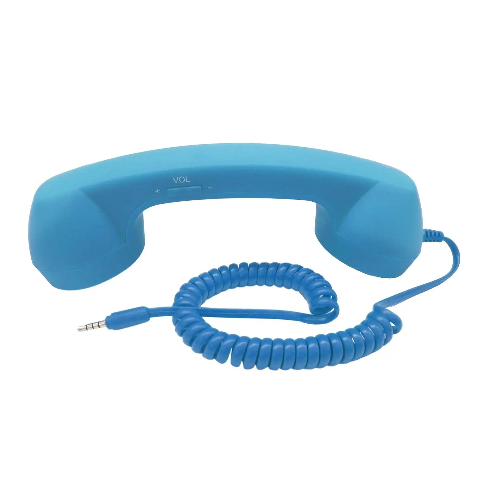Bright blue retro-style telephone handset with a coiled cable, 3.5mm jack, and integrated volume control buttons.