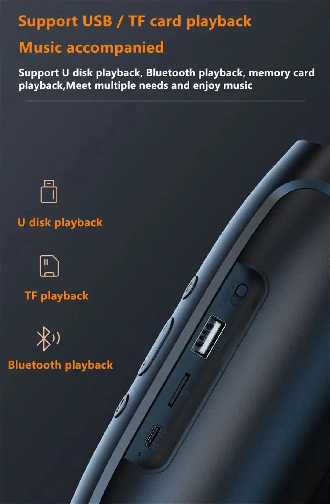 Close-up of a sleek, black portable wireless speaker showing USB, TF card, and Bluetooth playback ports and buttons.