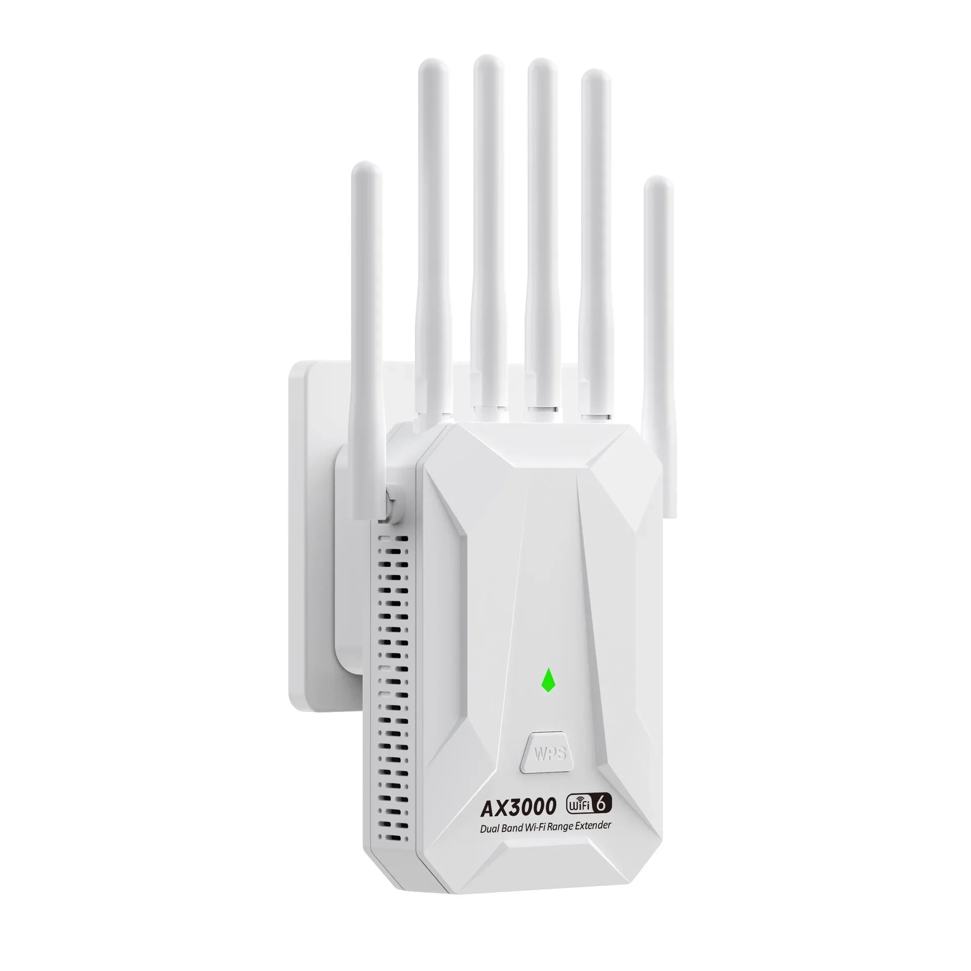 White WiFi 6 range extender with five external antennae, plug-in design, and a green status indicator light.