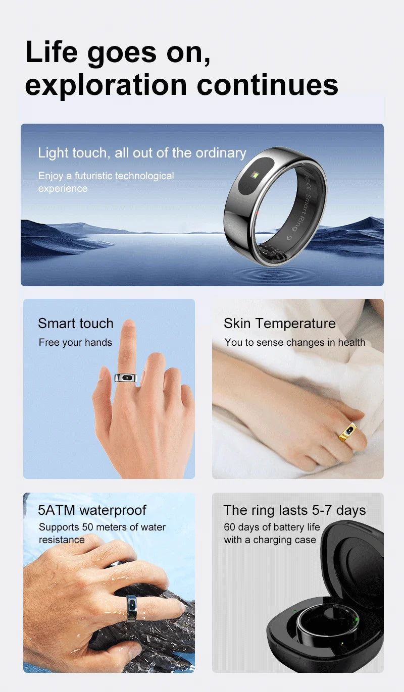 Sleek silver and gold smart health tracker rings, shown with charging case, touch control, and water-resistant design.