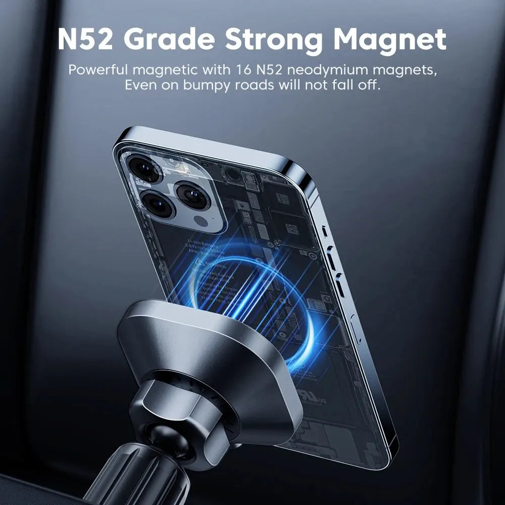 A grey metallic car phone mount holding a phone with a translucent back showing internal components and blue light.