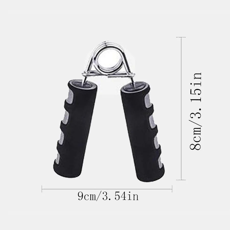 Hand grip strengthener with black ergonomic handles and a silver metal spring, showing 9cm by 8cm dimensions.