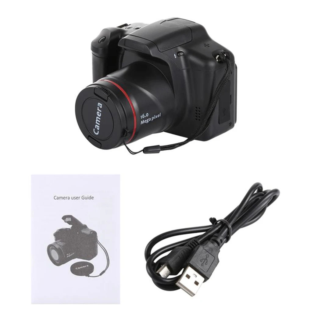 Black 16MP digital camera, lens cap, user guide, and USB charging cable on a white background.
