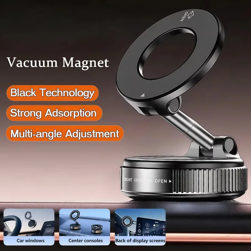 Adjustable black magnetic car phone mount with a rotating circular head and a vacuum suction base.