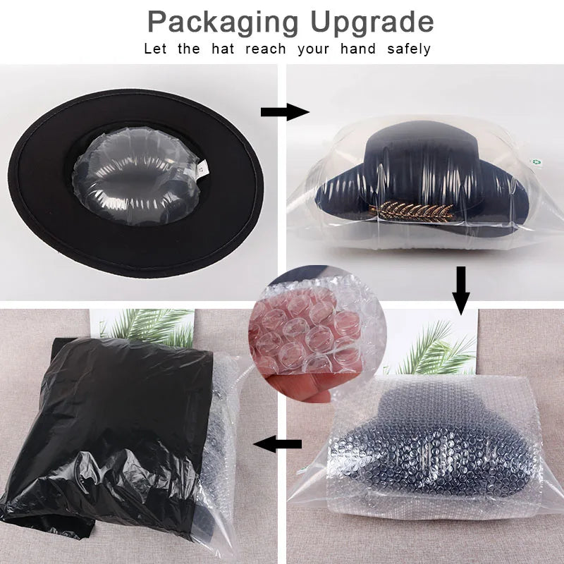 A black vintage-style wool bowler hat featuring a decorative gold feather brooch, shown being securely packed for delivery.