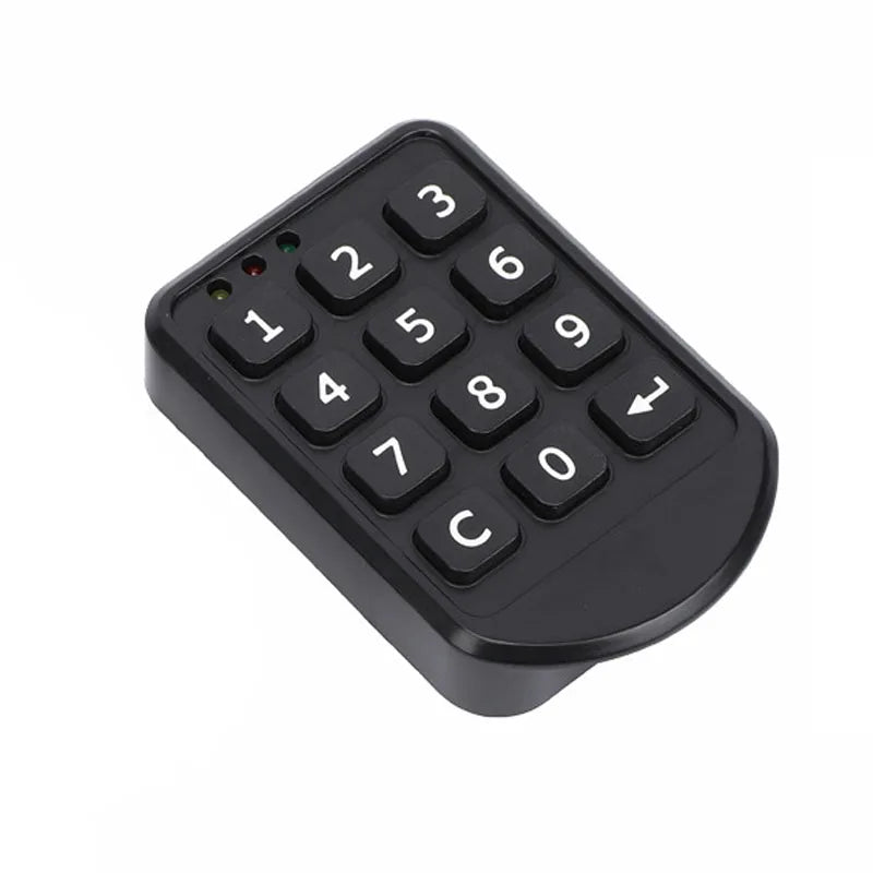 Black plastic digital keypad remote with rubber buttons, numbered 0-9, and status indicator lights.