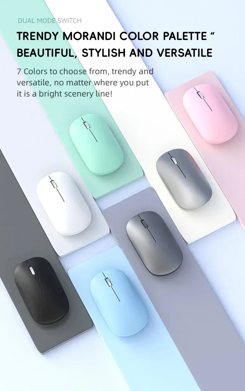 A display of seven sleek, wireless, silent ergonomic mice in a stylish, pastel Morandi colour palette.