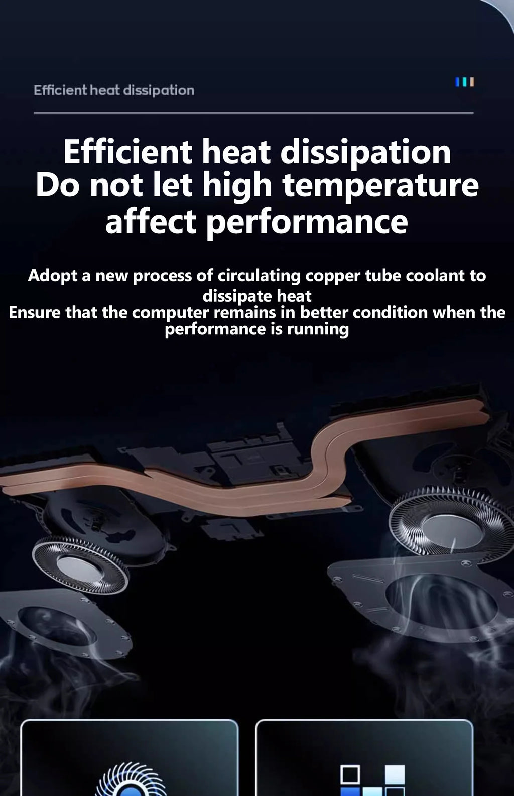 Internal view of the laptop's dual-fan cooling system with copper heat pipes for efficient thermal management.