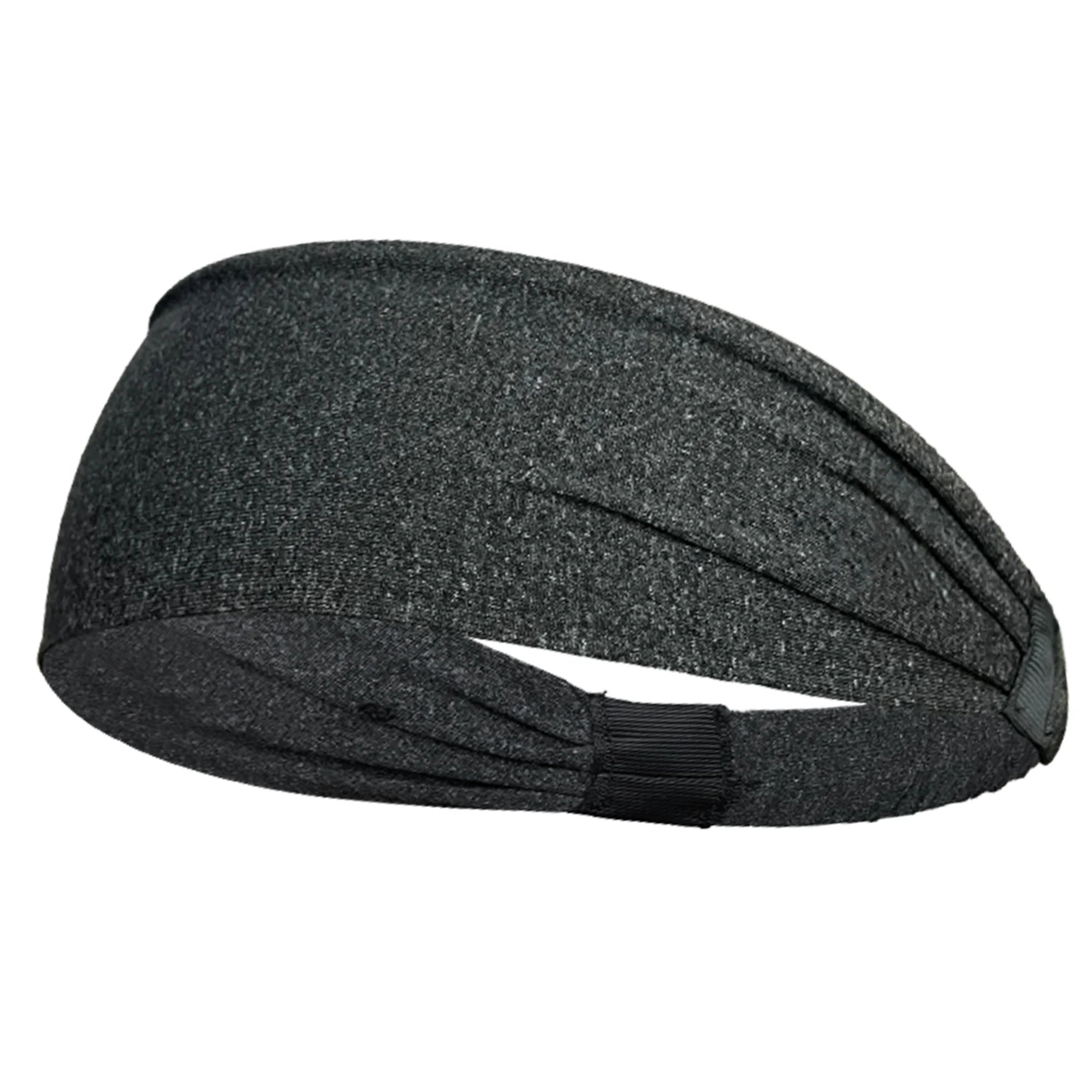 Charcoal grey heathered sports headband with a tapered, ruched design and black elastic back detail.