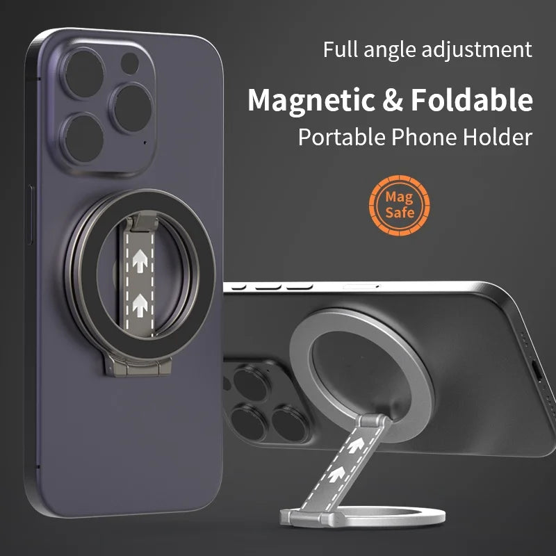 A silver, magnetic, foldable ring phone holder attached to the back of a smartphone, shown in two different angles.