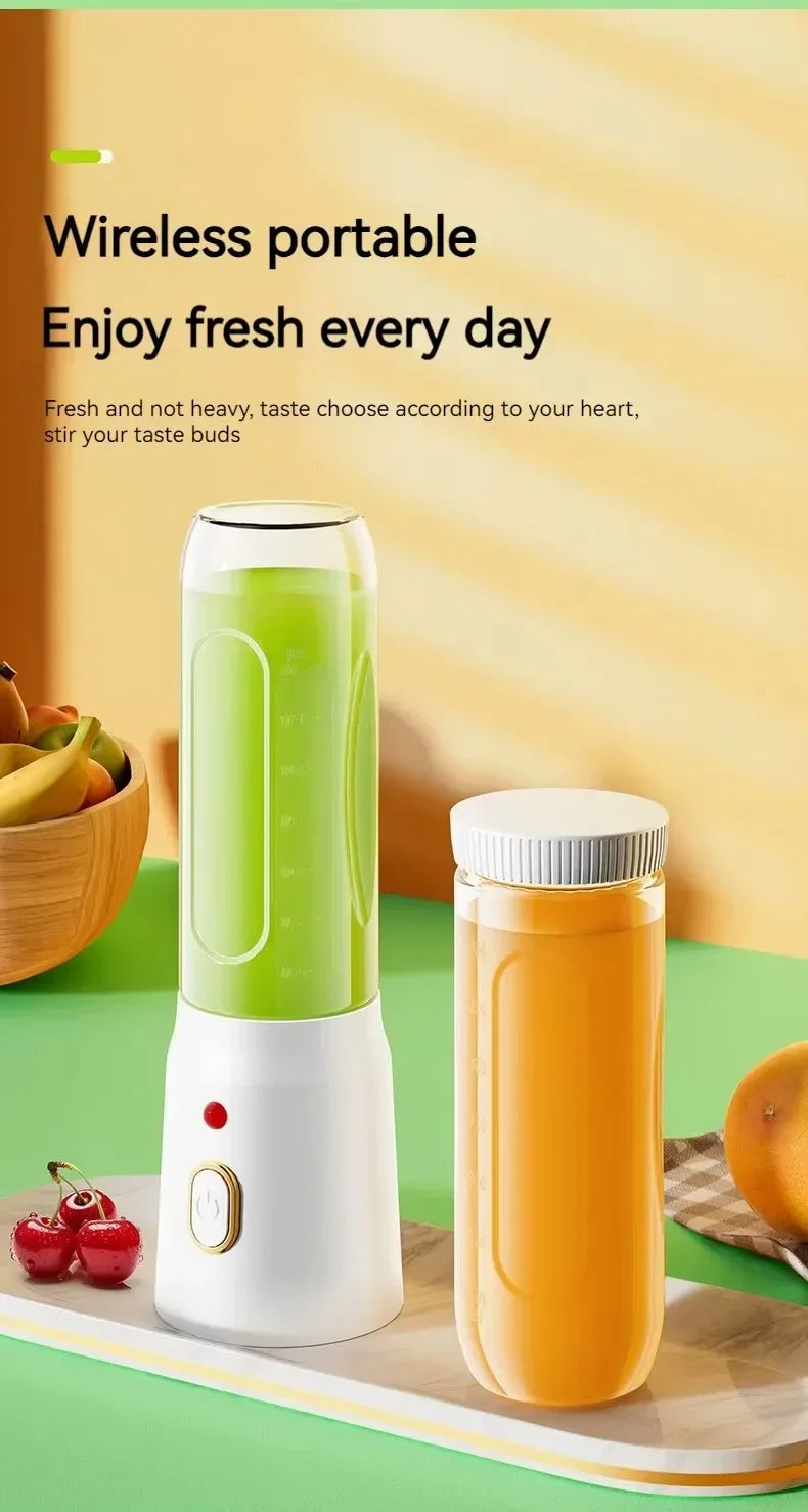White wireless portable blender with green and orange juice, featuring a minimalist sleek design on a light tray.