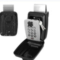 Black metal key lock box with a light grey push-button keypad and metal hanging hook for doors.