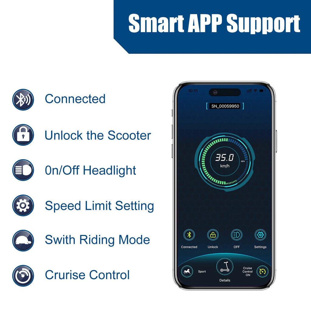 Smartphone displaying the AOVOPRO electric scooter app interface with speed, battery level, and control icons.