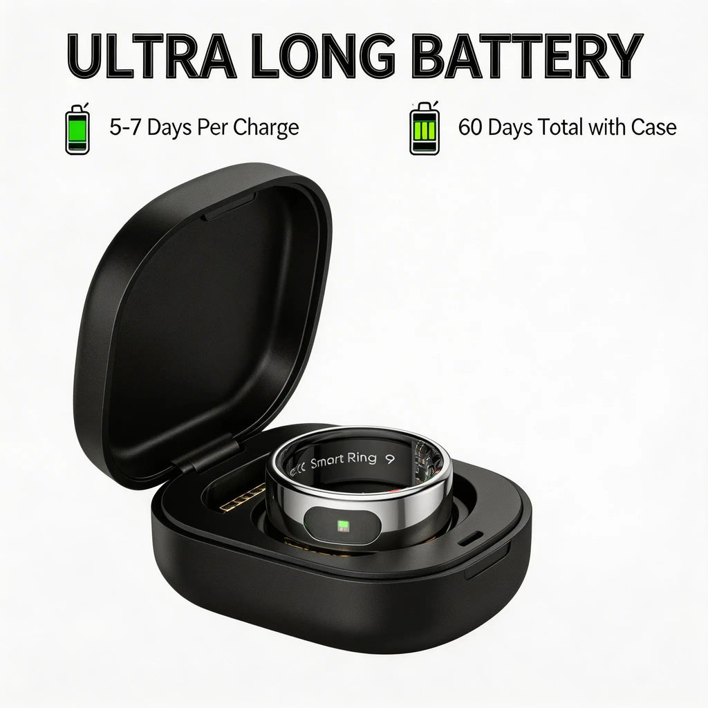 A silver smart health tracking ring inside a black portable charging case with ultra-long battery life text.