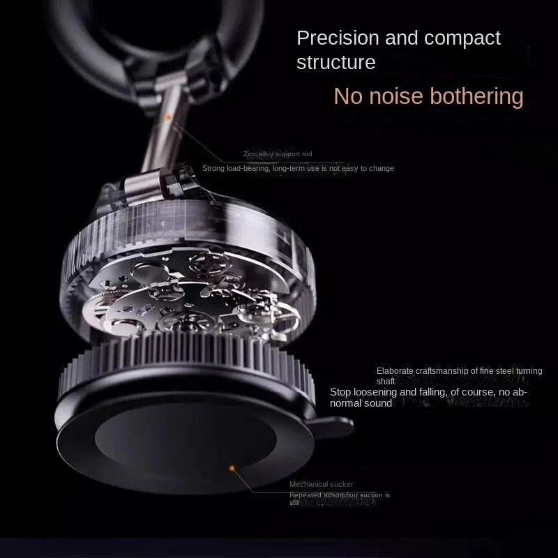 Black, compact mechanical suction mount featuring a zinc alloy support rod, intricate gear design, and premium finish.