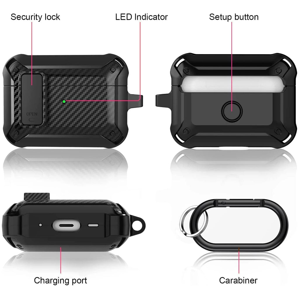 Rugged black carbon fibre-style AirPods Pro case with security lock and carabiner. Features precise port access.