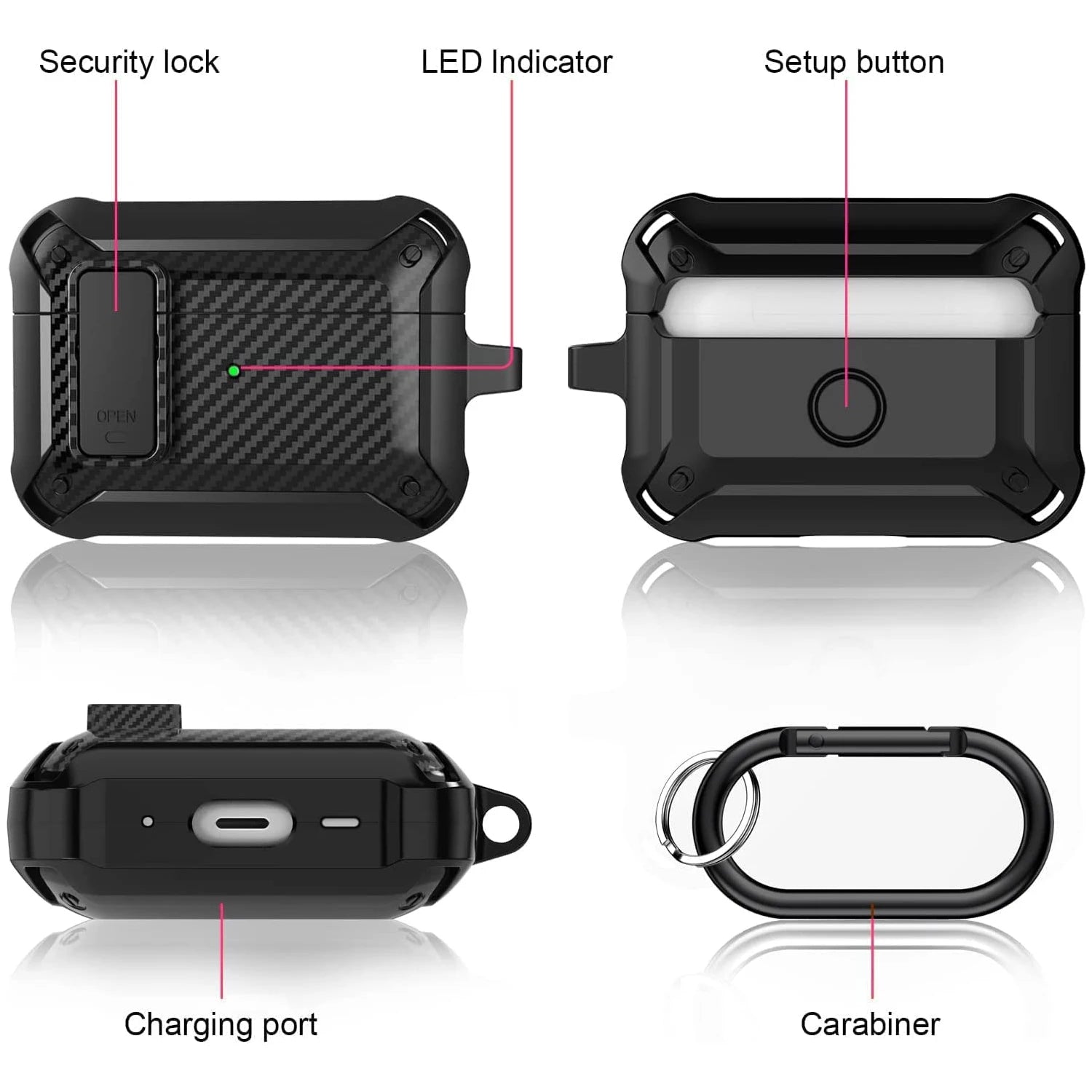 Rugged black carbon fibre-style AirPods Pro case with security lock and carabiner. Features precise port access.