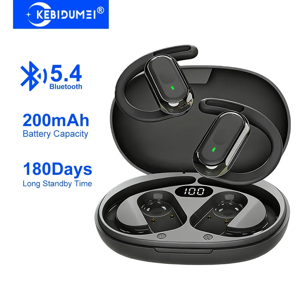 Black wireless Bluetooth earbuds with ear hooks, shown inside a matching charging case with a digital battery display.