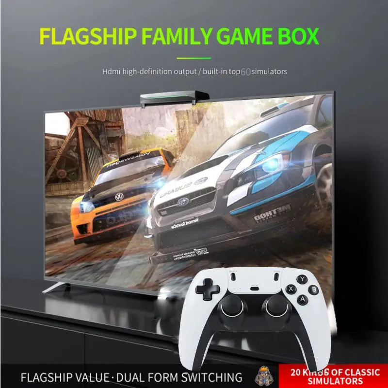 Black and white retro video game console with a matching gamepad, displayed with a TV showing a racing game.
