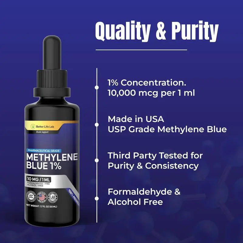 A 50ml bottle of 1% USP grade methylene blue liquid with a dropper, highlighting its high purity and clean formula.
