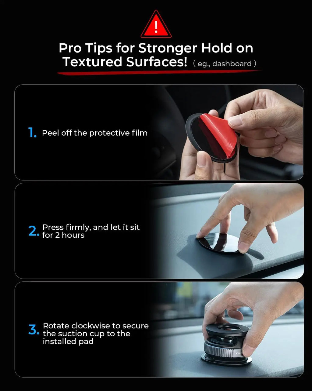 Instructional graphic for installing a black adhesive disc base for a car dashboard suction mount.