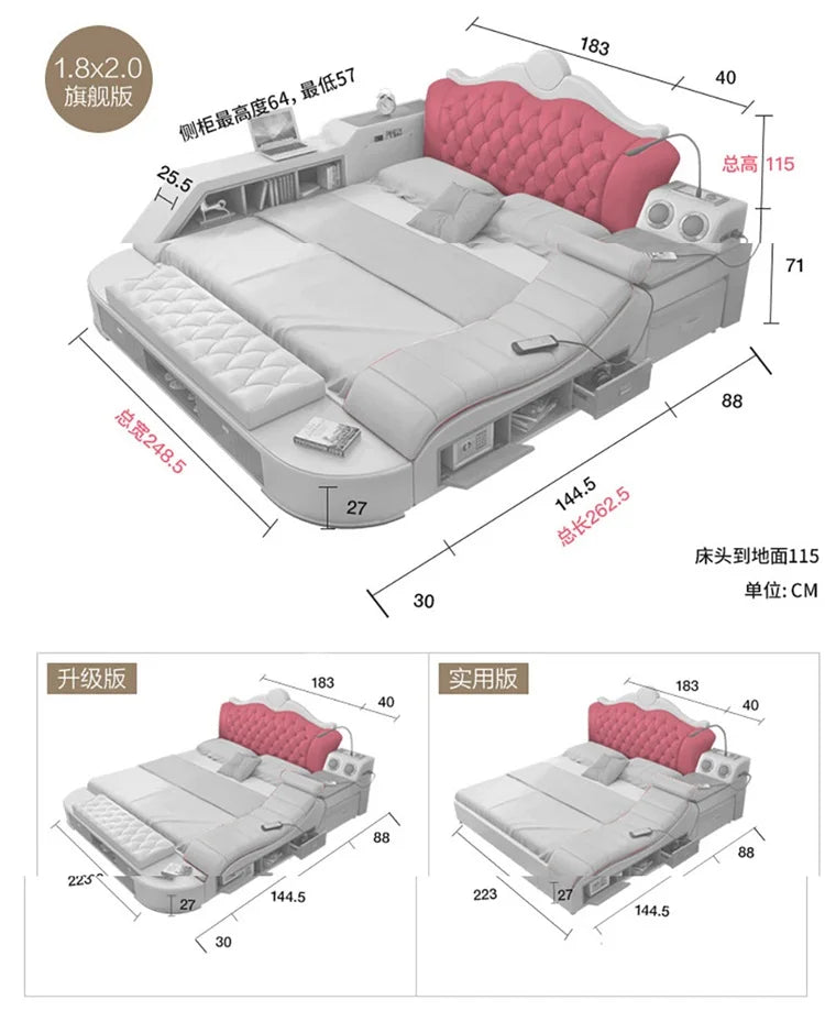 Modern grey double bed with a tufted pink headboard, featuring integrated storage shelves, drawers and side tables.
