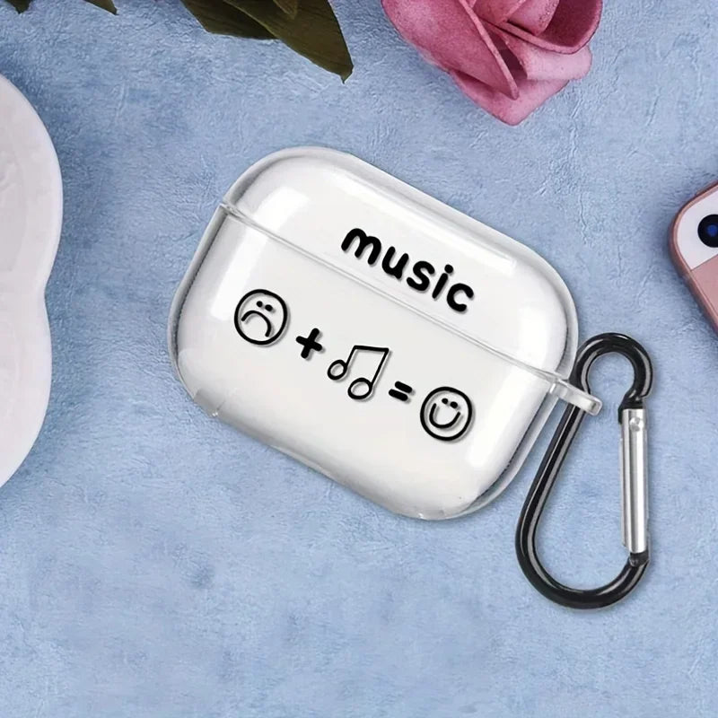 Clear plastic AirPods Pro case with 'music' and emoji graphic, featuring a black carabiner clip.