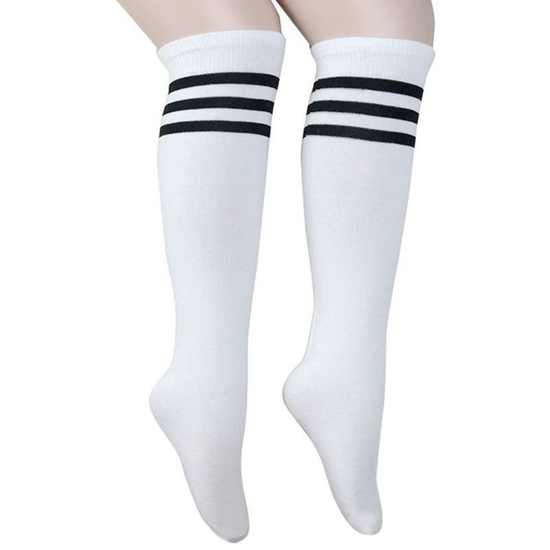 White knee-high socks featuring three black horizontal stripes at the top.