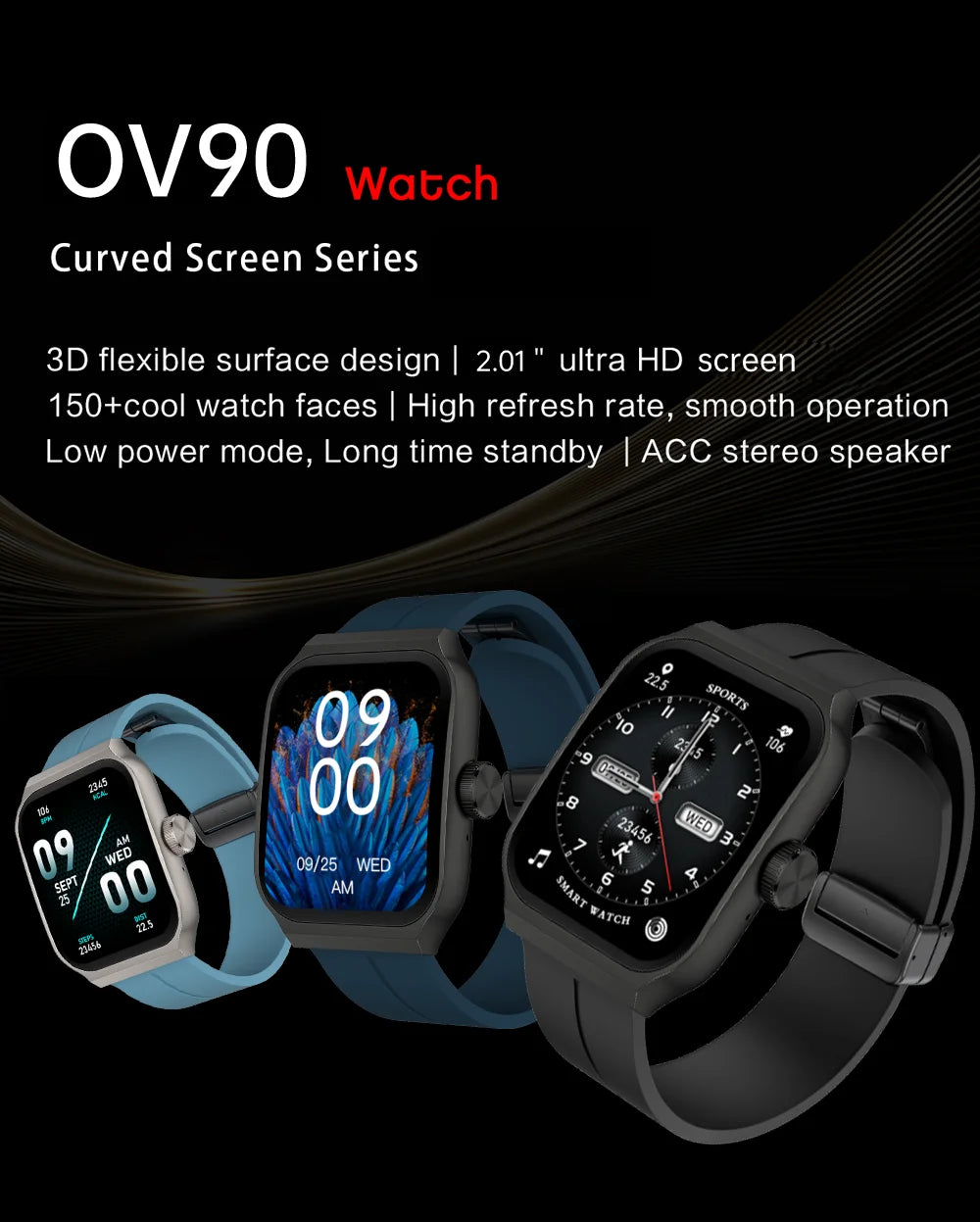 Three smart watches with 2.01-inch curved screens and silicone straps in grey, blue, and black colourways.