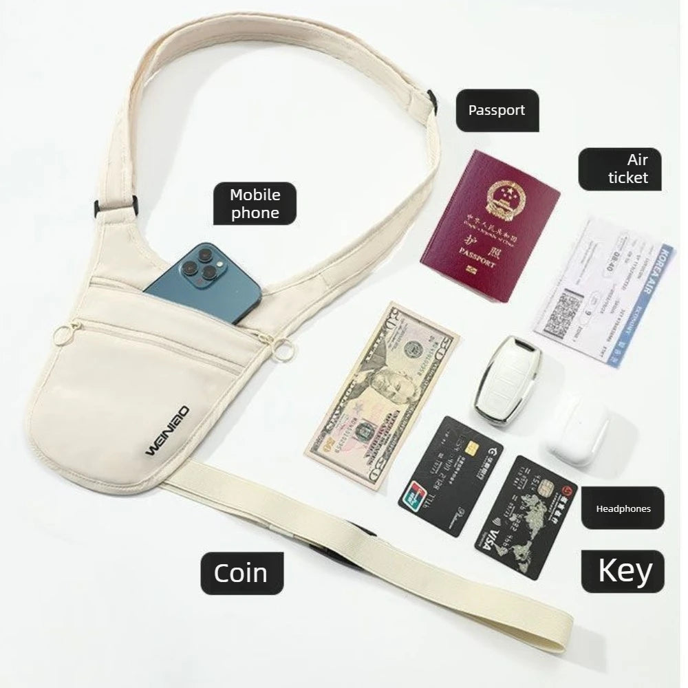 Cream-coloured anti-theft crossbody travel pouch with zip pockets, shown with phone, cards, passport and travel items.