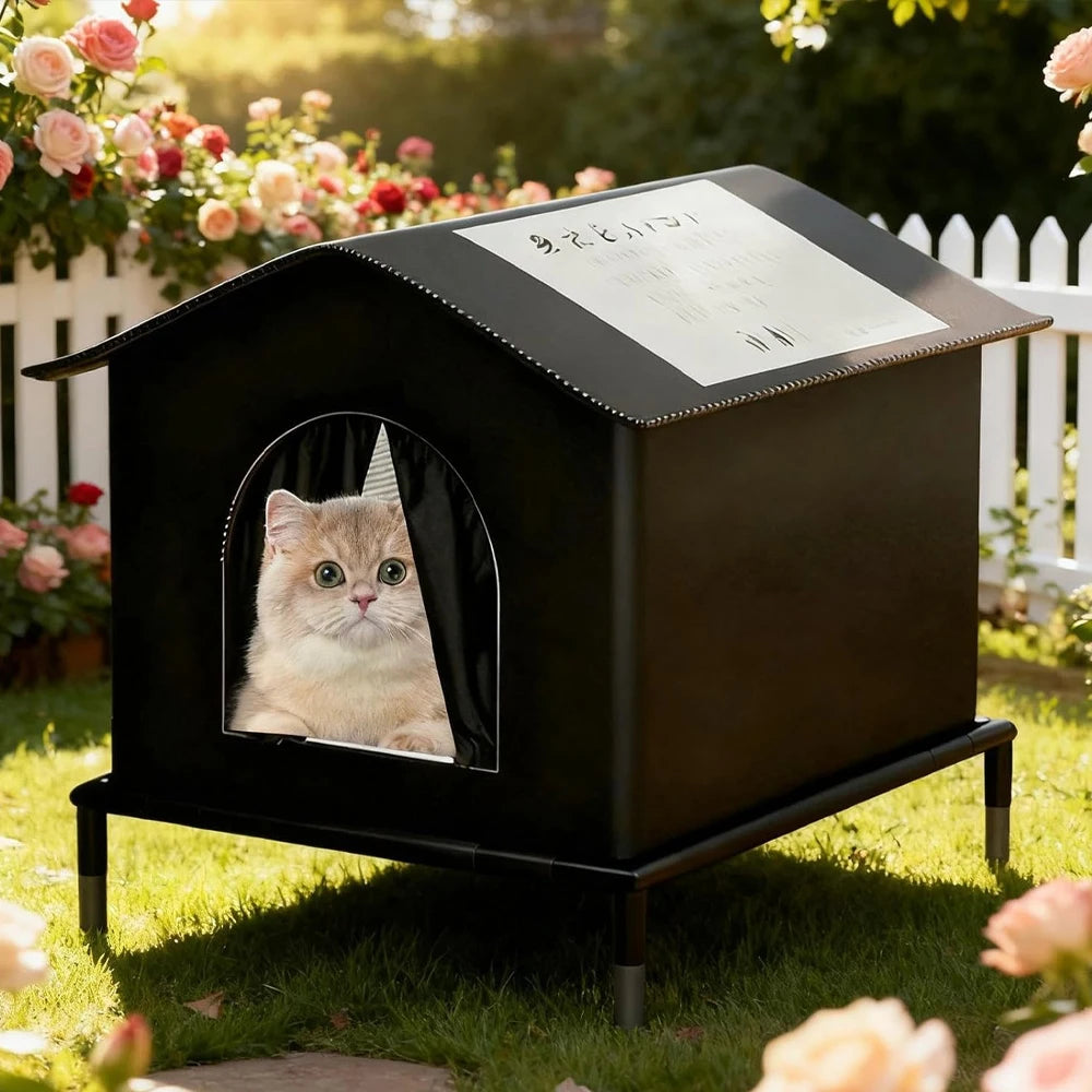 Black, raised outdoor cat house with an arched entrance, protective curtain, and slanted roof in a garden setting.