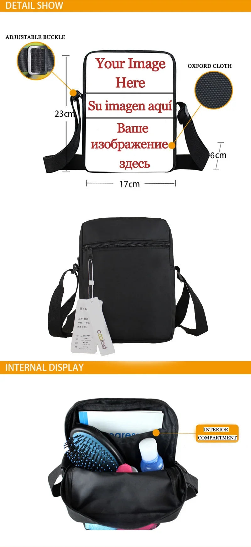 Black customisable Oxford cloth crossbody bag, 23x17cm, with an adjustable strap and internal compartments.