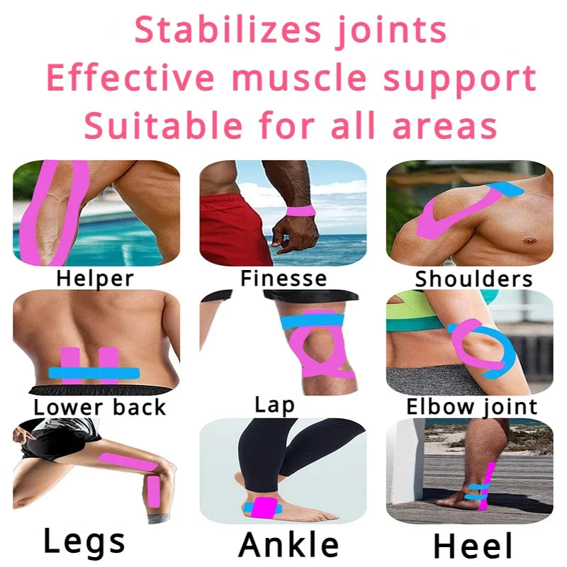 A collage showing pink and blue kinesiology tape applied to various body parts for muscle and joint support.