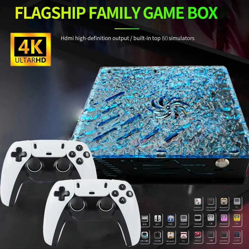 X10 retro game console with blue water-textured top and two white-and-black wireless gamepads.