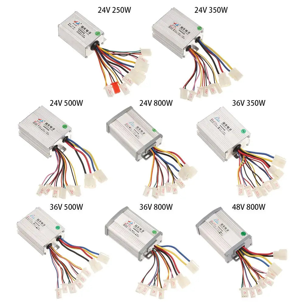 Silver brushed electric bicycle controllers with multi-colored wires and white connectors.