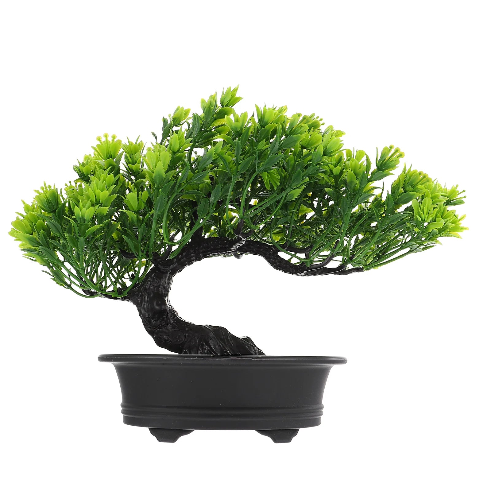 Artificial bonsai tree with vibrant green plastic foliage and a curved dark trunk in a simple black pot, white background.