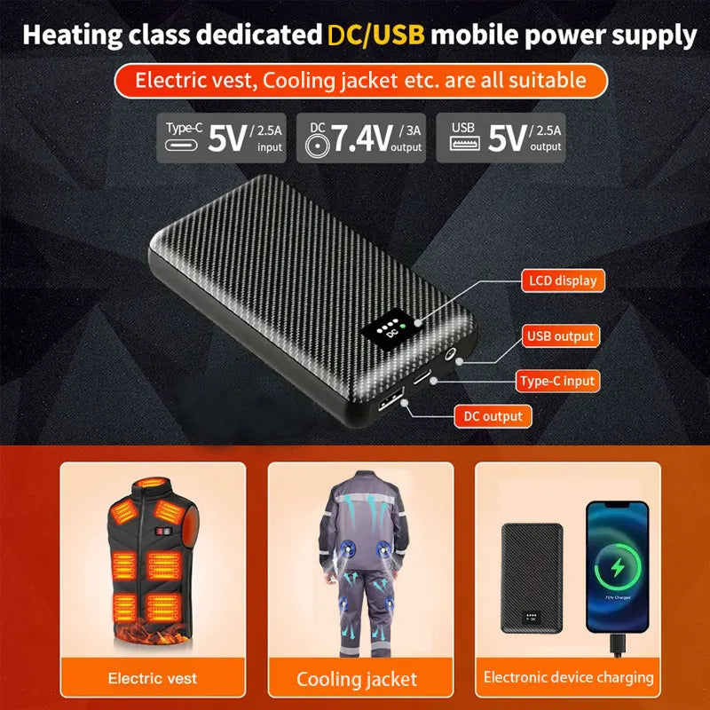 Black carbon-fibre finish 30000mAh power bank with LCD display, USB, and DC outputs for heated clothing and devices.