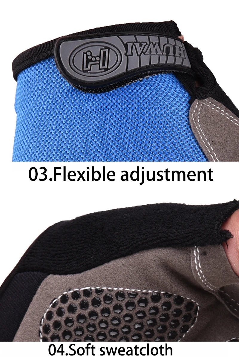 Close-up of blue and grey fitness gloves featuring an adjustable velcro strap and soft sweat-wicking thumb fabric.